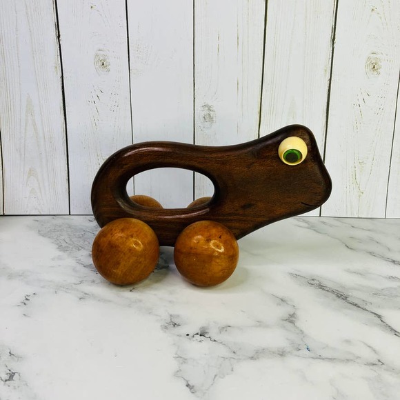 Vintage Wooden Frog Rolling Push Toy Montessori Nursery - Picture 3 of 9